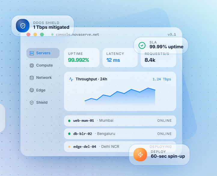 NovaServe infrastructure dashboard showing uptime, latency, throughput, server locations, DDoS protection, and deployment status
